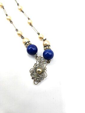 Antique Edwardian opera length Necklace Blue Glass Faux Pearl Filigree 1900-1915